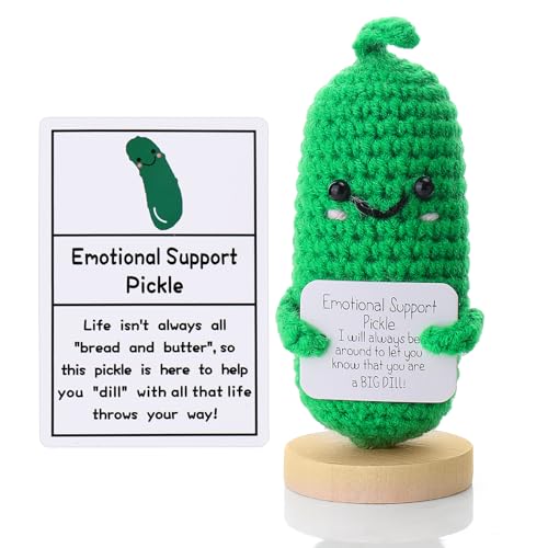 Mity rain Emotional Support Pickle, Cute Handmade Emotional Support Plush with Positive Words and Wooden Base, Encourage Ornament Crochet Pickle Cucumber Gift on Christmas Birthday