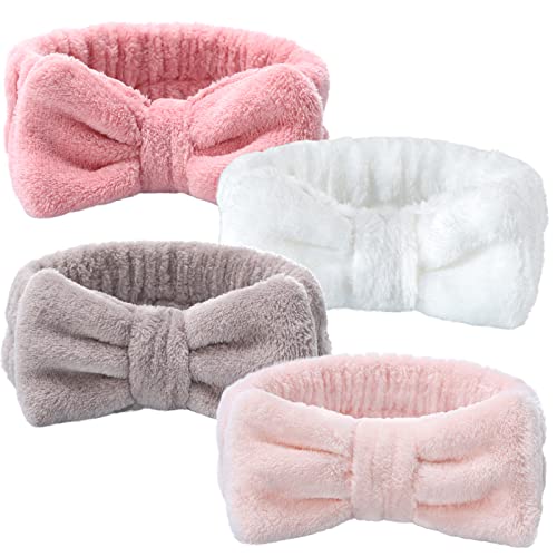 VITEVER 4 Pack Spa Headband for Washing Face, Girls Makeup Bow Tie Hair Band, Microfiber Women Headbands, Elastic Headband to Wash Face Skincare Cosmetics Shower- White, Brown, Rose Pink, Light Pink