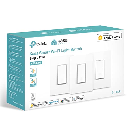 Kasa Apple HomeKit Smart Light Switch KS200P3, Single Pole, Neutral Wire Required, 2.4GHz Wi-Fi Light Switch Works with Siri, Alexa and Google Home, UL Certified, No Hub Required, White, 3-Pack