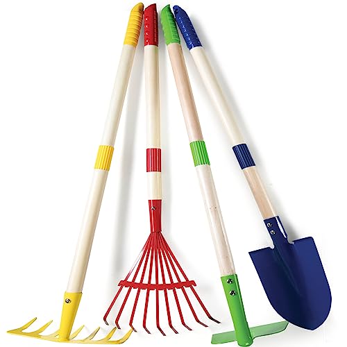 Play22 Kids Garden Tool Set Toy 4-Piece - Shovel, Rake, Hoe, Leaf Rake, Wooden Gardening Tools for Kids Best Outdoor Toys Gift for Boys and Girls