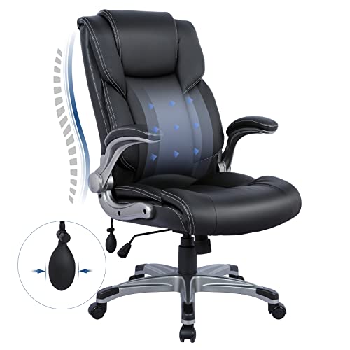 High Back Executive Office Chair- Ergonomic Home Computer Desk Leather Chair with Padded Flip-up Arms, Adjustable Tilt Lock, Swivel Rolling Chair for Adult Working Study-Black