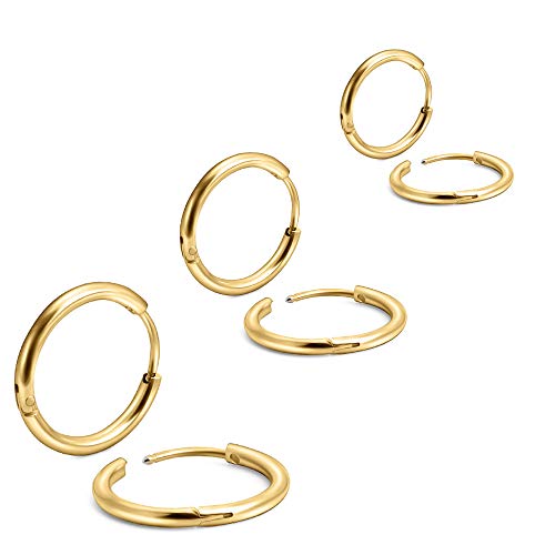 EACHLP 6Pcs 316L Surgical Stainless Steel Small Gold Huggie Hoop Earrings 6mm 8mm 10mm Hypoallergenic Cartilage Helix Lobes Hinged Sleeper for Men Women （6mm 10mmGold）