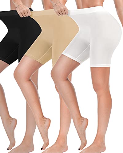Reamphy 3 Pack Slip Shorts for Women Under Dress,Comfortable Smooth Yoga Shorts,Workout Biker Shorts,Suitable for Indoor and Outdoor Daily Wear(Black+White+Nude,2XL)
