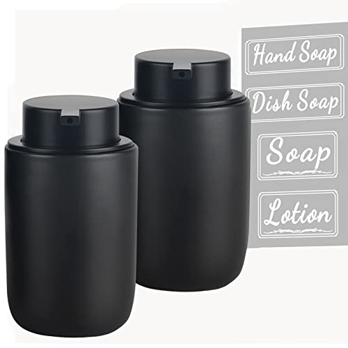 BosilunLife Black Soap Dispenser Set - 2 Pack 12oz Ceramic Dish Soap Dispenser with Rust Proof Pump for Kitchen, Hand Soap and Lotion Set Suitable for Farmhouse Bathroom Decor with Waterproof Labels