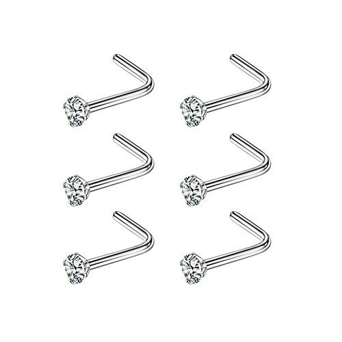 FANSING 6pcs 20g 1.5mm Screw Nose Rings for Women Diamond CZ Nose Stud Rings Silver 6.5mm Length L Shaped Nostril Piercing Jewelry 20 Gauge Nose Jewelry
