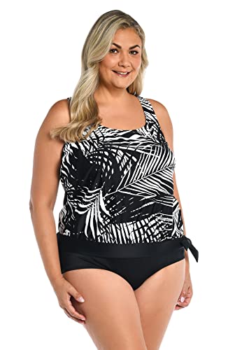 Maxine Of Hollywood Women's Side Tie Scoop Neck Banded Tankini Swimsuit Top, Black//Shadow Palms, 24W