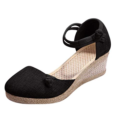 Shengsospp Women's Platform Espadrilles Wedge Sandals Round Toe Sandals for Women Casual Summer Retro Linen Canvas Singles Shoes 11_Black, 7.5