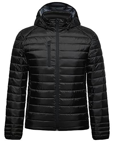 fit space Mens Down Alternative Jacket Quilted Lightweight Packable Padding Coat with Detachable Hood (Black, L)