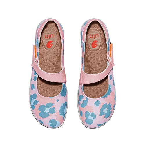 UIN Women's Mary Jane Flats Slip On Round Toe Casual Lightweight Comfortable Art Painted Travel Shoes Illites Ⅲ-Pink Blue Leopard (8)