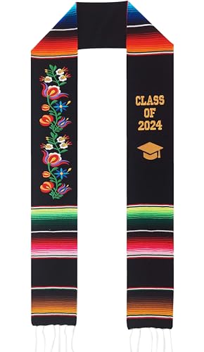Authentic Mexican Graduation Sash Class of 2024, Hispanic Stole Graduation Stole Serape Scarf, Class of 2024 with Flores Flowers