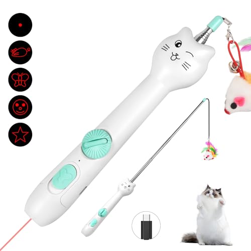 Cat Toy Interactive, Rechargeable Laser Pointer, Cat Wand with Feather Toy, 2-in-1 Cat Toy for Indoor Cat, Kitten Pet Laser Toy for Fun Playing, White