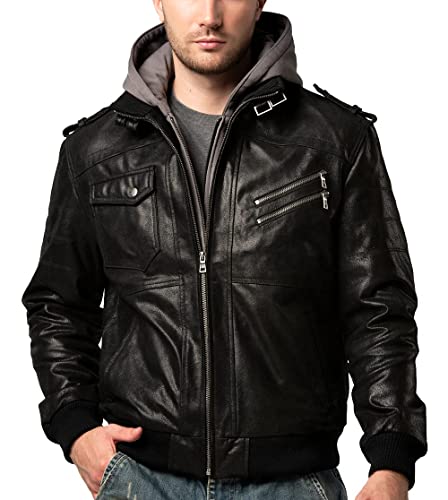 FLAVOR Men Brown Leather Motorcycle Jacket with Removable Hood (Small, Black+Gray)