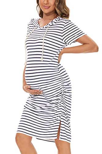 WOOXIO Women's Maternity Hoodie Dress Short Sleeve Split Side Ruched Pregnancy Clothes Medium, White Navy Stripe