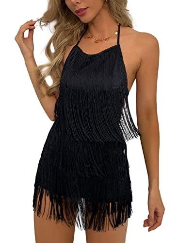 Sexy Backless Fringe Dress Jumpsuit - Womens Club Boho Tassel Tiered Halter Playsuit Festival Bodysuit Romper(Black,L,1074a)