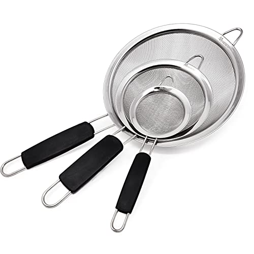 Makerstep Fine Mesh Strainer Set of 3, Stainless Steel 3.38', 5.5', 7.87' Strainers Wire Sieve Sifter with Insulated Handle Strainers for Kitchen Gadgets Tools Premium Colanders, Sifter