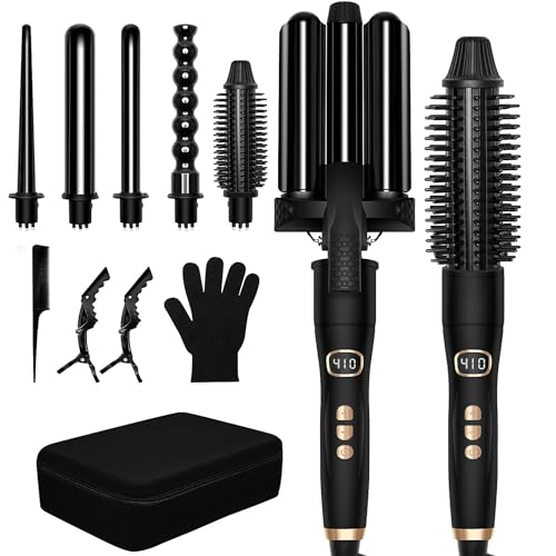 6 in 1 Curling Wand Set with Storage Bag, Curling Iron Set Instant Heat Up Hair Curler, 3 Barrel Hair Waver Iron, Hair Crimper for Women Interchangeable Ceramic Barrels(0.39”-1.25”), 1 Curling Brush