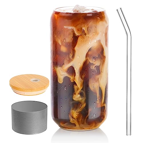 BEWAVE Drinking Glass, 16oz Can Shaped Glasses Cups, Iced Coffee Glasses, Beer Tumbler, for Whiskey, Soda, Tea, Juice, Gift, with Lid, Straw and Sleeve, 1 Pc