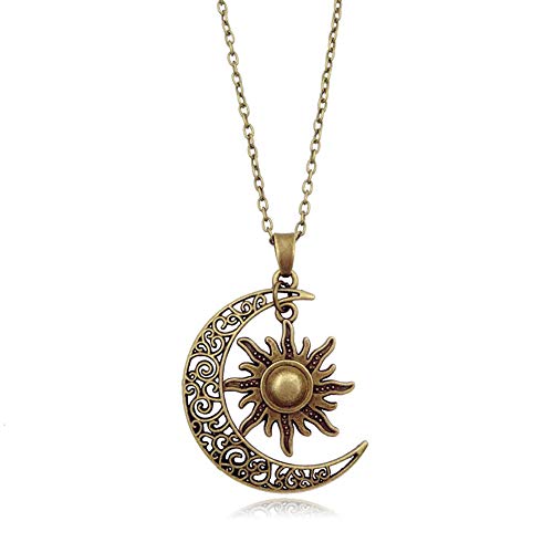 QIAN0813 Vintage Bronze Crescent Moon and Sun Pendant Necklace Retro Swirl Filigree Unisex Jewelry Gifts (Bronze)