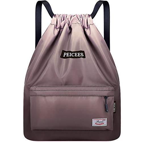 Peicees Waterproof Drawstring Sport Bag Lightweight Sackpack Backpack for Men and Women (Coffee Pink)