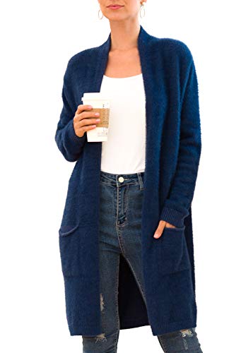 QIXING Womens Open Front Loose Knit Plush Cardigans Long Sleeve Casual Oversized Sweater Coat Navy Blue-X-Large