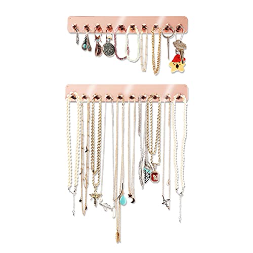Boxy Concepts Necklace Organizer - 2 Pack - Easy-Install 10.5'x1.5' Hanging Necklace Holder Wall Mount with 10 Necklace Hooks - Beautiful Necklace Hanger also for Bracelets and Earrings (Rose Gold)