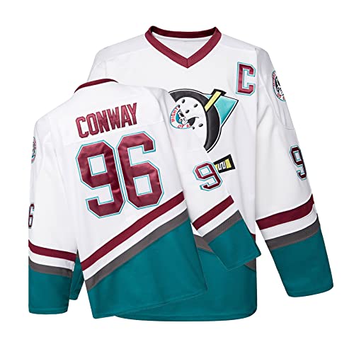 Mighty Ducks Jersey Movie Ice Hockey Jersey White S-XXL Charlie Conway #96 with Adult Size, 90S Hip Hop Clothing for Party(Small)