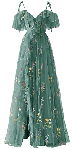 Wchecalino Plus Size 2023 Ruffle Sleeves Prom Gown for Teens Teal Flower Embroidery Tulle V Neck A Line Formal Evening Party Gowns 16W