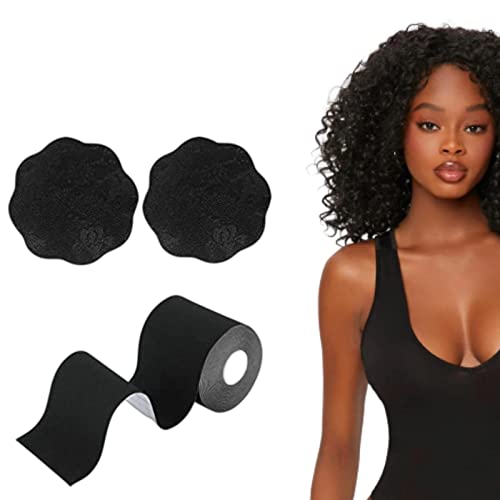 Boob Tape Boobtape, 3' Extra Wide Bob Tape for Large Breasts, XL Breast Lift Tape w 2pcs Reusable Nipplecover Adhesive Bra Black
