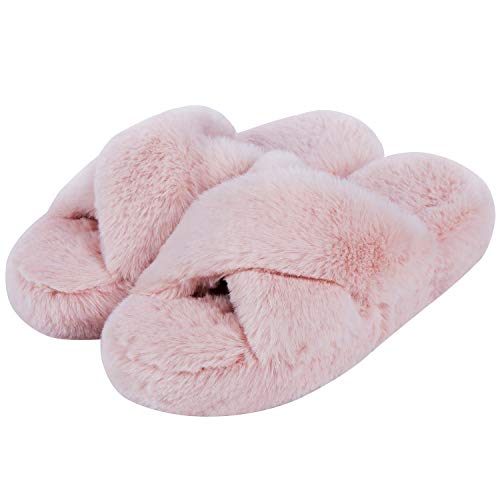 DL Fluffy Womens House Slippers Cross Band Open Toe, Soft Plush Fleece Bedroom Slippers Women Memory Foam, Comfy Fuzzy Slip On Non-Slip Womens Slippers Indoor Pink Gray Black White