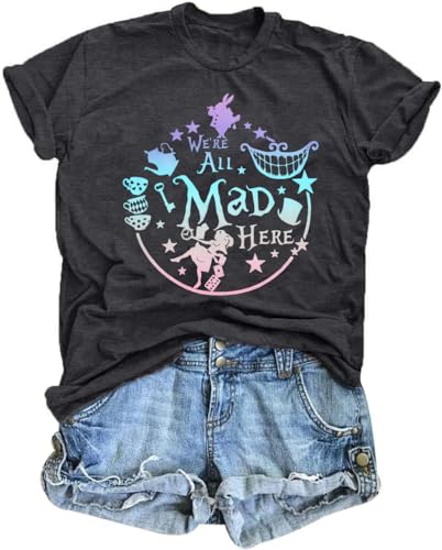 Alice in Wonderland Shirts Women Vacation Shirt Cheshire Cat Shirt Cute Alice in Wonderland Graphic Short Sleeve Tee Tops