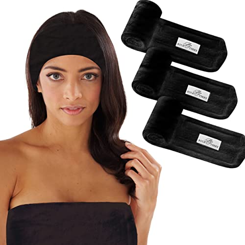 Boca Terry Makeup Headband, Women's Headband for Washing Face, Cotton Terry Cloth Skincare Headbands for Facial, Face Wash, Cosmetic and Skin Care Treatments. Adjustable Towel Headband. 3-Pack, Black
