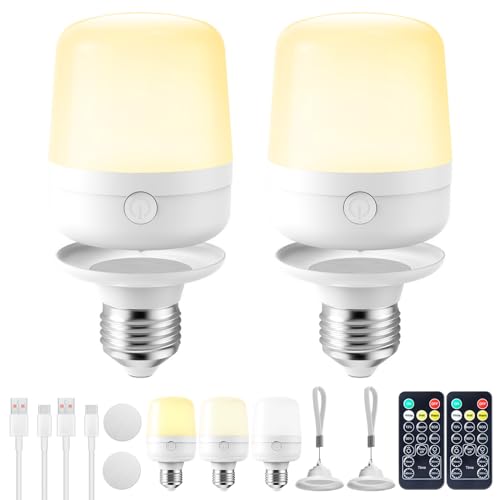 Brightown E26 Rechargeable Light Bulb with Remote Timer and 3 Color Temperatures, Battery Backup Bulb for Sconces and Lamps, E26 Detachable Charging for Non-Hardwired Fixture, Dimmer, 700LM, 2 Pack