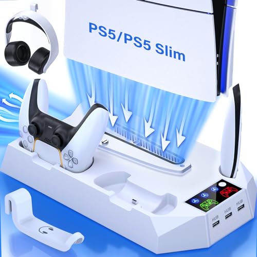 PS5 Slim Cooling Station with Controller Charging Station for Playstation 5 Console Slim&Standard Disc/Digital, PS5 Cooling Stand Accessories with Cooler Fan/3 USB Hubs/Media&Headset Holder/Screw