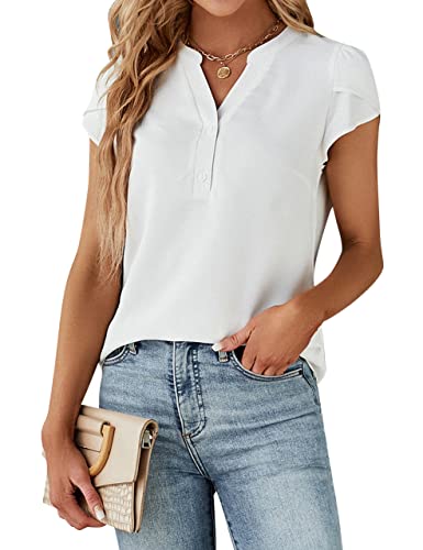 Blooming Jelly Women's Dressy Casual Tops Business Work Blouses White Button Down Shirts 2024 Summer Cute Petal Sleeve V Neck Tshirt (White,Large)