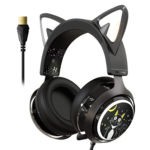 EASARS Cat Ear Headset, USB Gaming Headset with Retractable Mic, 7.1 Surround Sound, RGB Lighting, Wired Headset for PC, PS4, PS5