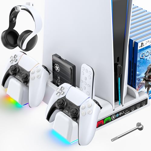 Kytok PS5 Stand with 3-Level Cooling Fan, PS5 Controller Charger with RGB Light for Dual PS5 Controllers, PS5 Cooling Station with Headset Holder, Safety Screw