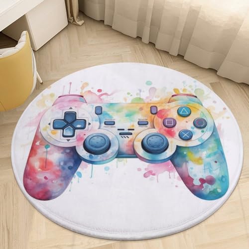 HoaMoya Colorful Video Game Round Area Rug Joystick Gamepad Neon Circle Rug Carpet Circular Rugs Non Slip Mat for Kitchen Living Room Bedroom Decoration 2 Ft