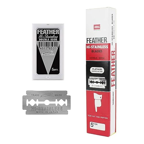 Feather Double Edge Safety Razor Blades - (50 Count) - Platinum Coated Hi-Stainless Steel Razor Blades - Fits Most Safety Razors - Super Sharp for Close Shaves - Made in Japan