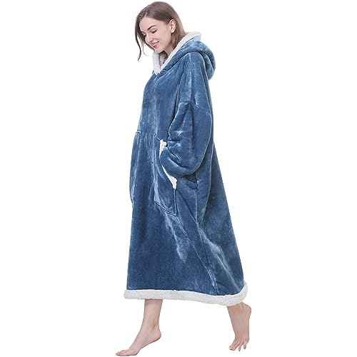 Kipswiza Blanket Hoodie - Wearable Blankets Long Cozy Flannel & Sherpa Fluffy Blanket Sweatshirt with Big Pockets for Adult Women Men Family Friends Bluish Gray