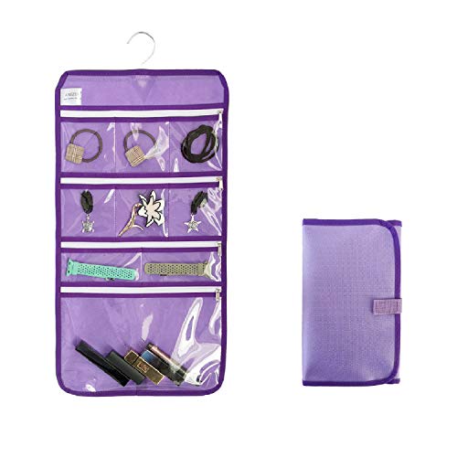 ANIZER Travel Foldable Jewelry Rolls Bag Hanging Jewelry Organizer with 9 Zippered Clear Pockets Storage Pouch with Rotatable Hanger (PURPLE)