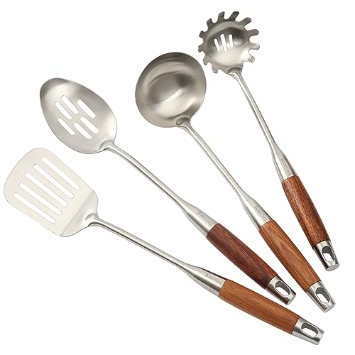 Cooking Utensil Set, Barenthal 304 Stainless Steel Kitchen Utensils Set with Wood Handle, 4 Pieces Kitchen Utensils Sets & Kitchen Gadgets Cookware Set - Slotted Spatula, Pasta, Spoon, Soup Ladle Set