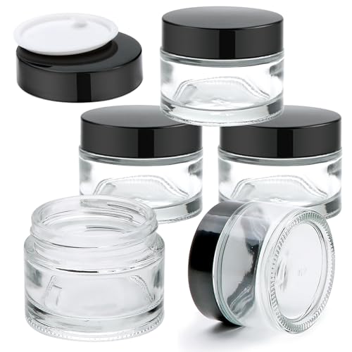 Gakshzbds Glass Jars with Lids 2 oz 5 pack-Clear Small Glass Jar with Black Lids,Small Glass Travel Containers with Lids and Inner Liners Upgraded Mouth Design
