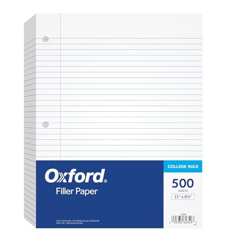 Oxford Filler Paper, 8-1/2' x 11', College Rule, 3-Hole Punched, Loose-Leaf Paper for 3-Ring Binders, 500 Sheets Per Pack (62349),White