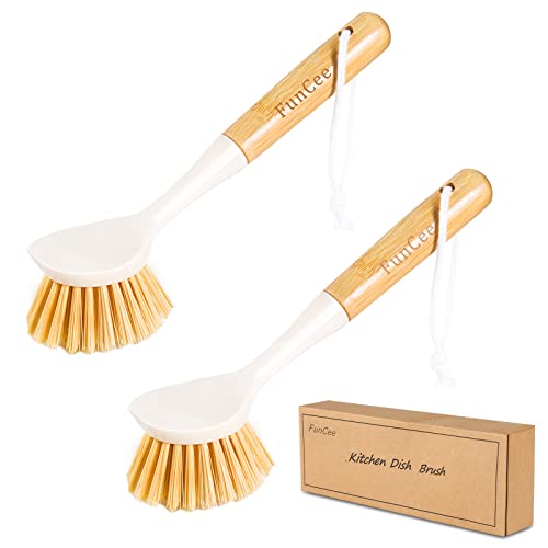 FunCee 2 Pack Kitchen Dish Brushes with Bamboo Handle, Dish Scrubber Built-in Scraper, Scrub Brush for Pans, Pots, Counter & Kitchen Sink Cleaning, Dishwashing and Cleaning Brush Tools, White