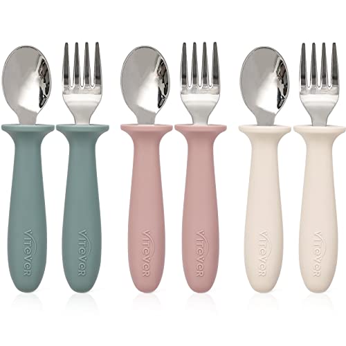 VITEVER 6 Pieces Toddler Utensils, Kids Silverware Set with Silicone Handle, Children Safe Spoons and Forks, 18/8 Stainless Steel, Food-grade Silicone - Dishwasher Safe