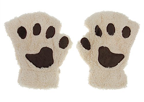 Ylucky Girls Cartoon Bear Claw Gloves Half Finger Paw Gloves Winter Warm Plush Faux Fur Mittens Hand Wear