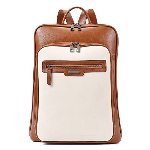 CLUCI Leather Laptop Backpack for Women 15.6 inch Computer Backpack Travel Large Business Work Daypack Off-white with Brown