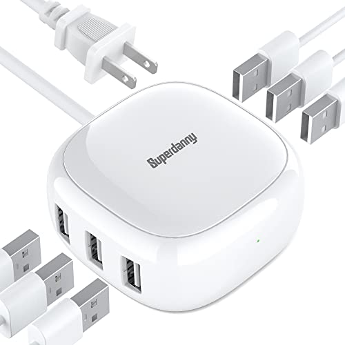 SUPERDANNY 6-Port USB Charger, 40W 8A Mini USB Charging Station, Charging Station for Multiple Devices, 4ft Cable, Compatible with iPhone, iPad, Galaxy, Pixel, for Travel, Cruise, White