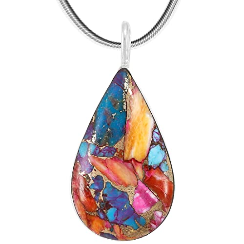 Spiny Oyster Pendant Necklace 20' Sterling Silver 925 Genuine Gemstones (20', Rainbow Turquoise)