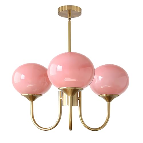Flyrose 3-Light Mid Century Modern Sputnik Chandelier Farmhouse Gold Globe Pendant Lights Kitchen Island Pink Glass Ceiling Light Vintage Industrial Chandelier Light Fixture for Dining Room